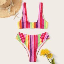 Romwe Striped U-plunge Neck With High Leg Bikini Set