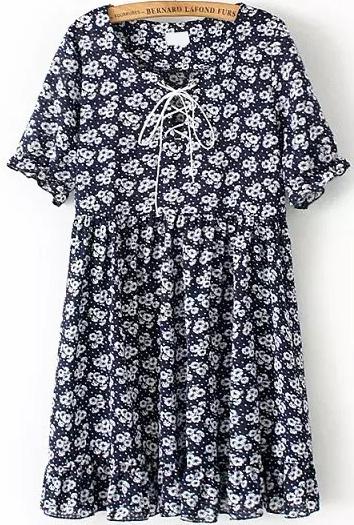 Romwe Short Sleeve Pastel Floral Print Navy Dress