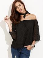 Romwe Black Eyelet Embroidered Off The Shoulder Top With Neck Tie