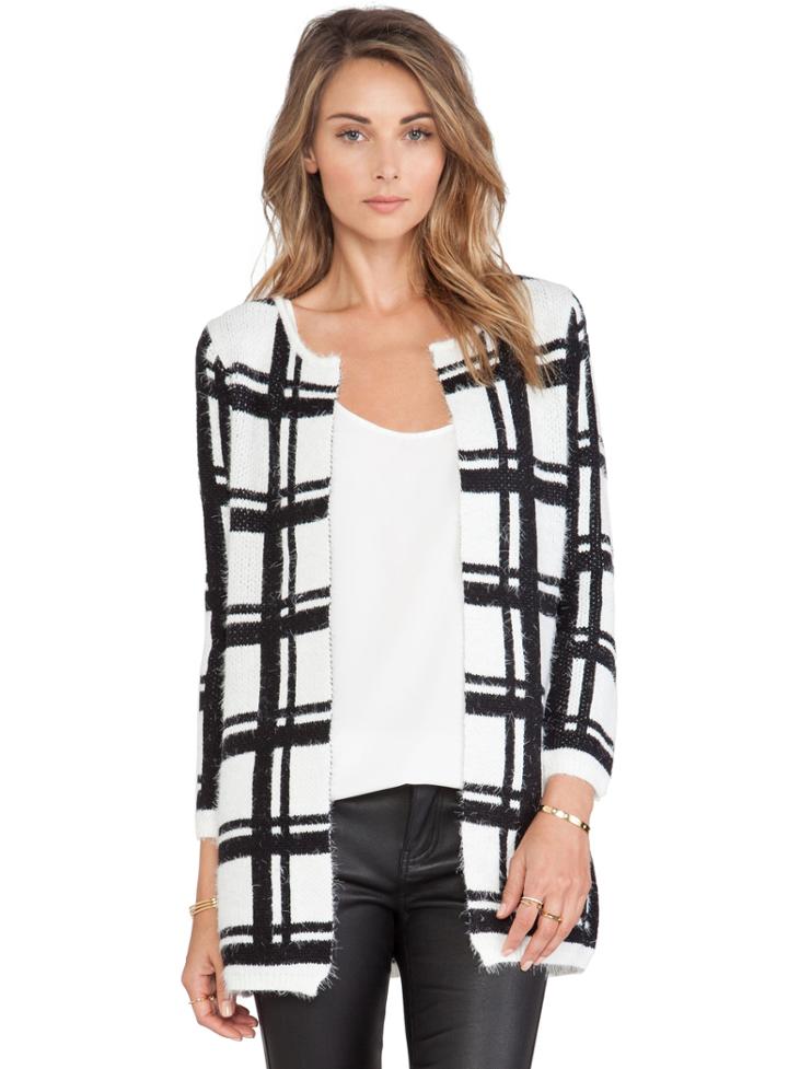 Romwe White Black Long Sleeve Plaid Cardigan Sweater
