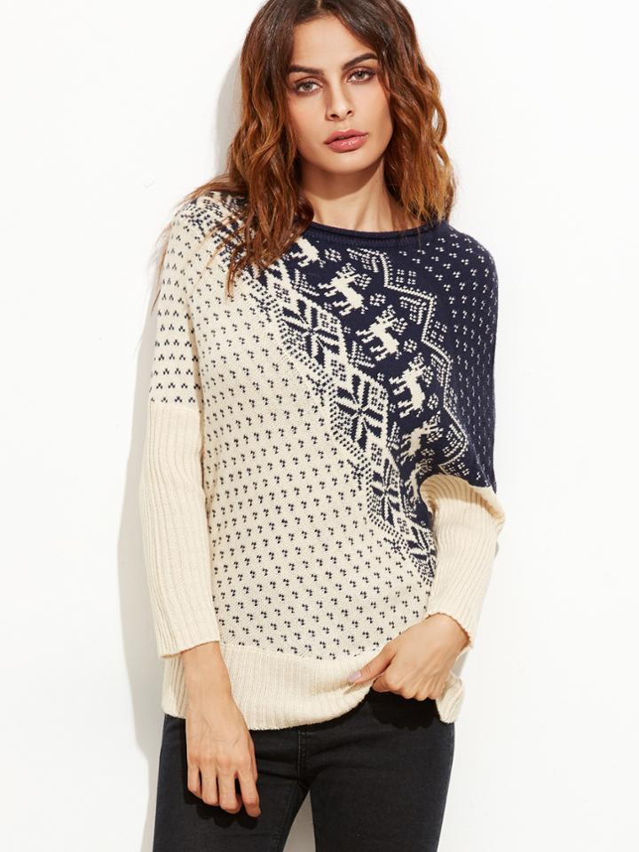 Romwe Contrast Dolman Sleeve Christmas Sweater