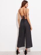Romwe Polka Dot Lace Up Backless Jumpsuit