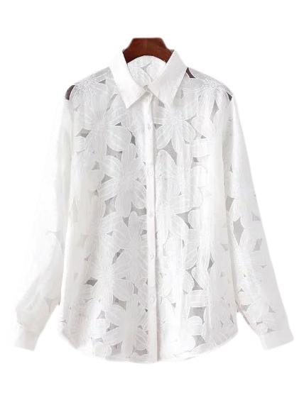 Romwe White Long Sleeve Solid Hollow Flower Blouse