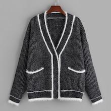 Romwe Plus Pocket Front Fluffy Contrast Trim Sweater Coat