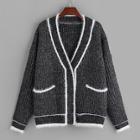 Romwe Plus Pocket Front Fluffy Contrast Trim Sweater Coat