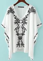 Romwe V Neck Embroidered Loose Top