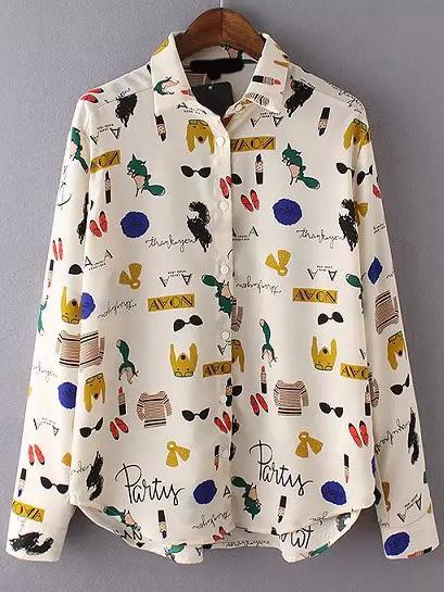 Romwe Lapel Print Apricot Blouse