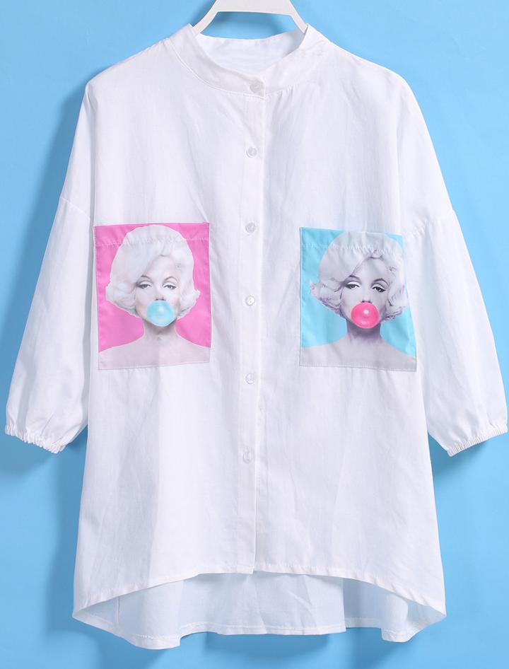 Romwe Dip Hem With Pocket Monroe Blowing Bubbles Print Blouse