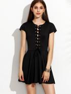 Romwe Black Eyelet Lace Up Dress