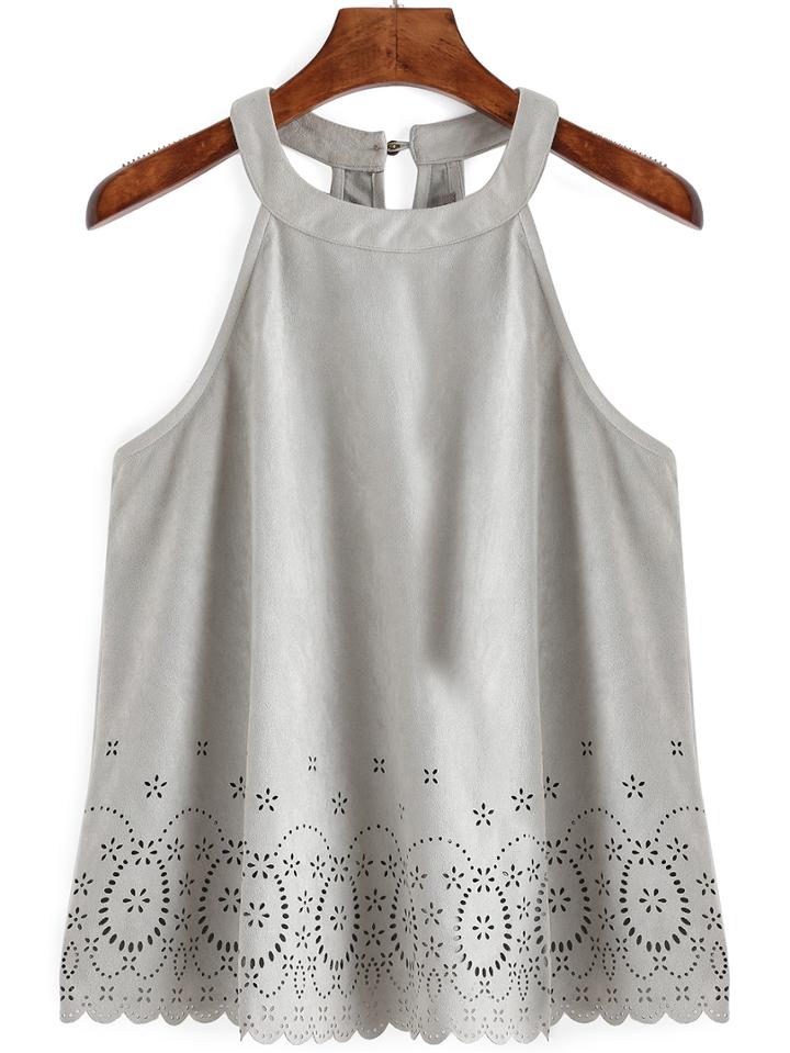 Romwe Suede Hollow Out Scalloped Hem Tank Top