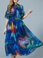Romwe Blue Ruffle Sleeve Print A-line Dress