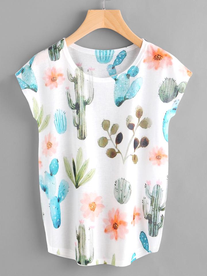 Romwe Dolman Sleeve Cactus Print Tee
