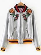 Romwe Silver Flower Embroidery Zipper Up Pu Jacket