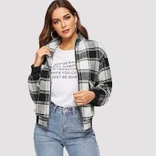Romwe Zip & Pocket Front Collar Plaid Coat