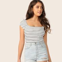 Romwe Slim Fitted Rib-knit Striped Tee
