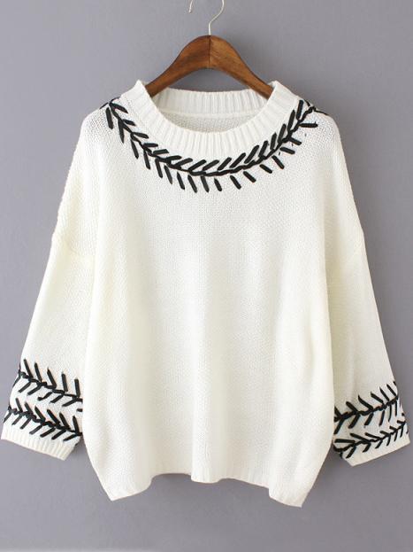 Romwe Knit Crochet Slit Back White Sweater