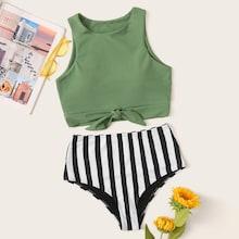 Romwe Knot Front Top With Striped Bikini