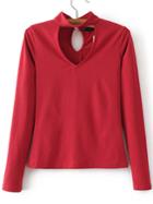 Romwe Red Choker V Neck Casual Top