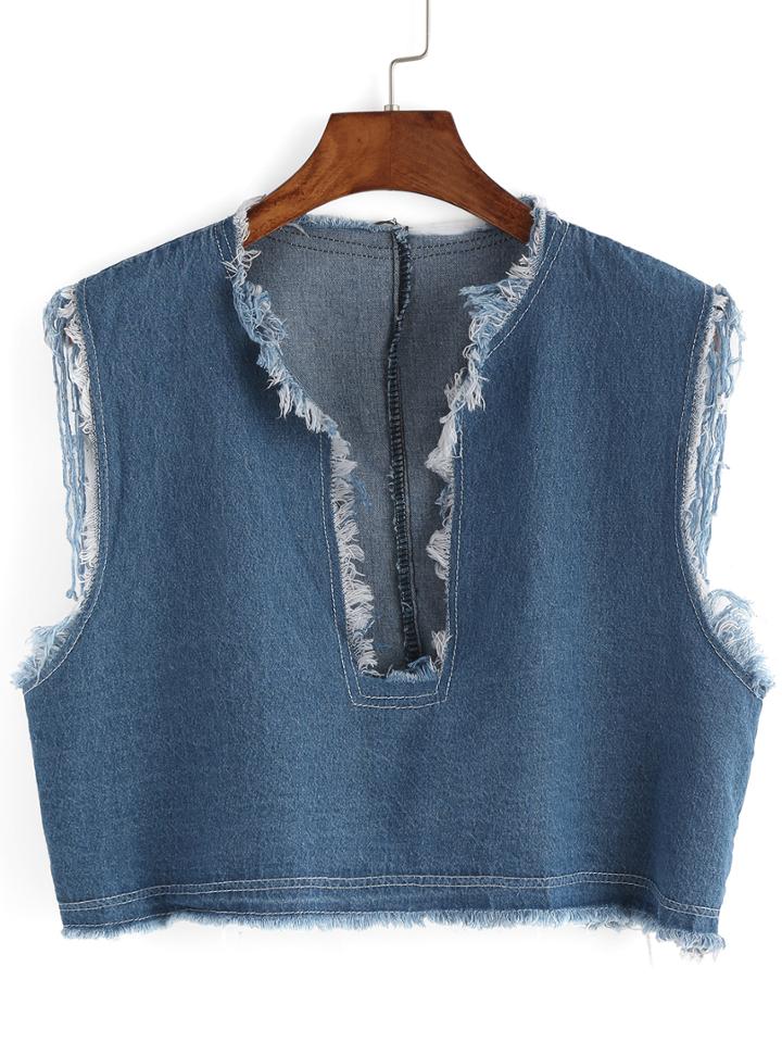 Romwe Deep V Neck Frayed Denim Tank Top