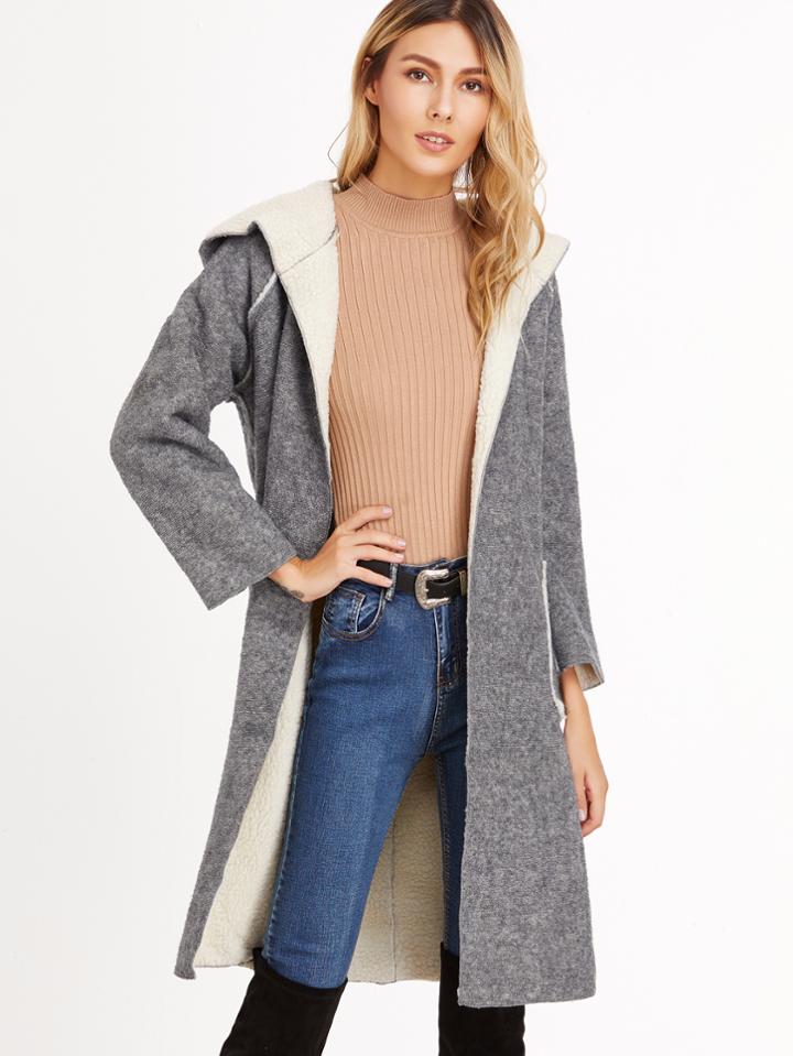 Romwe Grey Pockets Front Faux Shearling Lined Hooded Coat