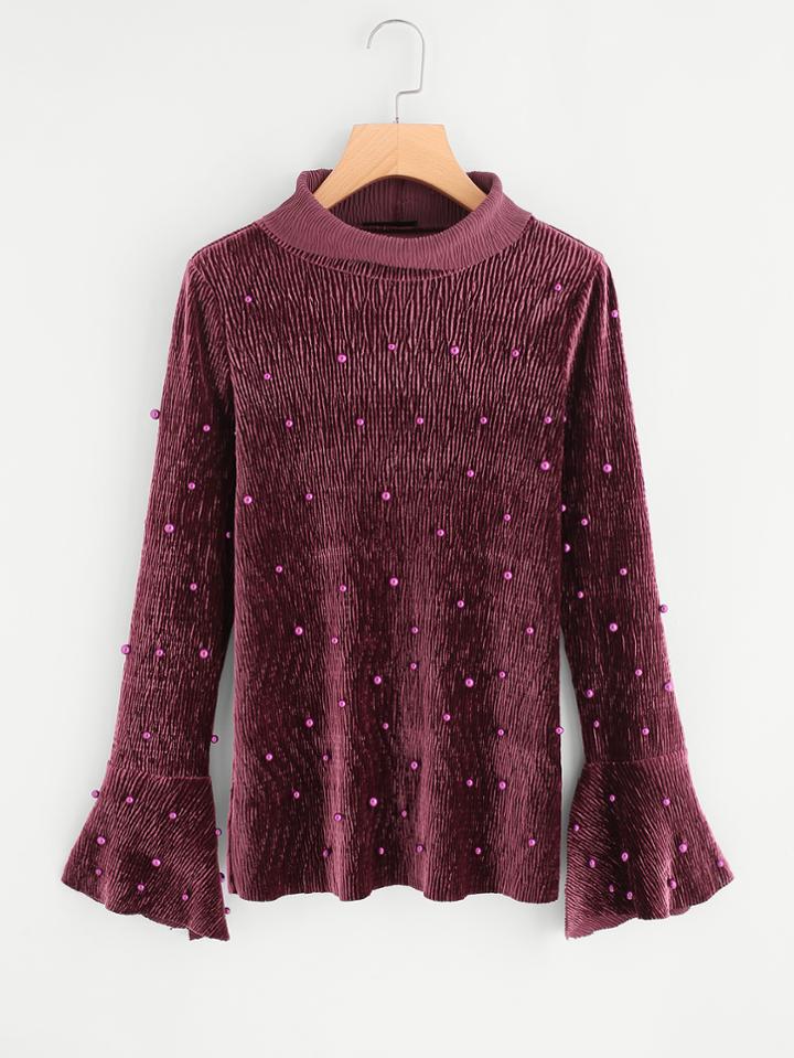 Romwe Trumpet Sleeve Beaded Textured Velvet Tee