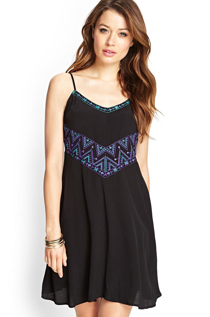 Romwe Spaghetti Strap Tribal Embroidered Dress
