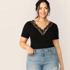 Romwe Plus Double V-neck Lace Insert Top
