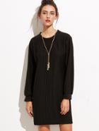 Romwe Black Ribbed Long Sleeve Tunic Dress