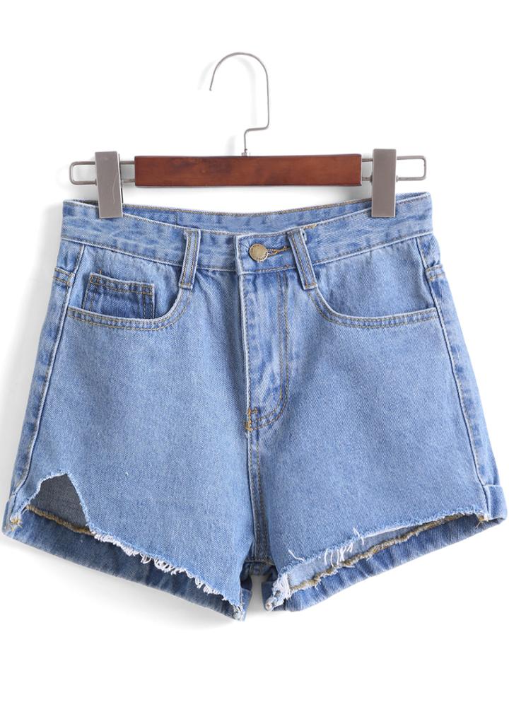Romwe Blue Notch Fringe Denim Shorts
