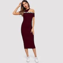 Romwe Asymmetrical Neck Lettering Rib-knit Pencil Dress