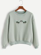 Romwe Pale Green Plant And Letter Embroidery Sweatshirt