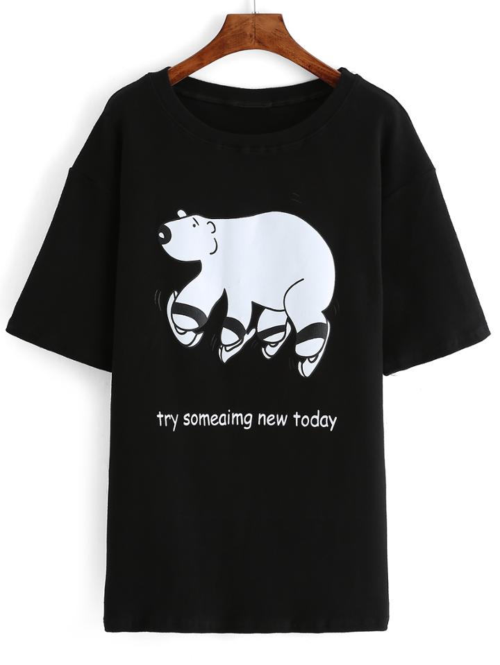 Romwe Bear Print Black T-shirt