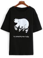 Romwe Bear Print Black T-shirt