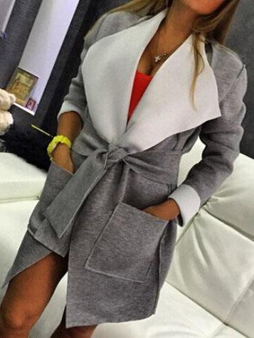 Romwe Lapel Belt Pockets Loose Grey Coat