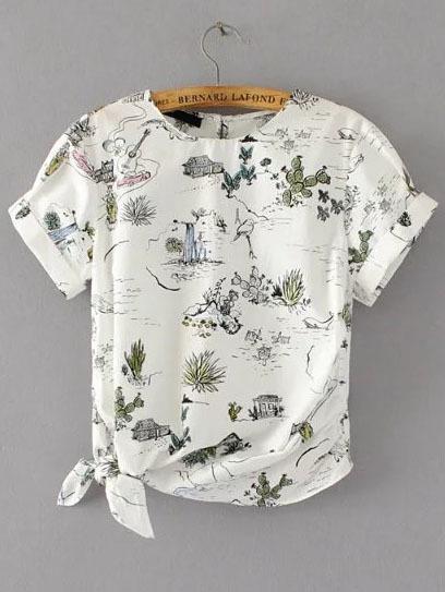 Romwe White Printed Rolled Cuff Knot Detail Top