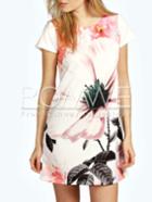 Romwe Beige Cap Sleeve Flower Print Dress