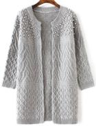 Romwe Grey Cable Knit Beaded Long Sweater Coat