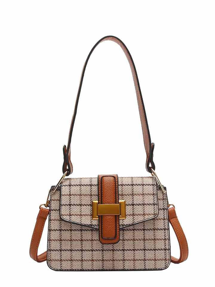 Romwe Buckle Decor Plaid Shoulder Bag