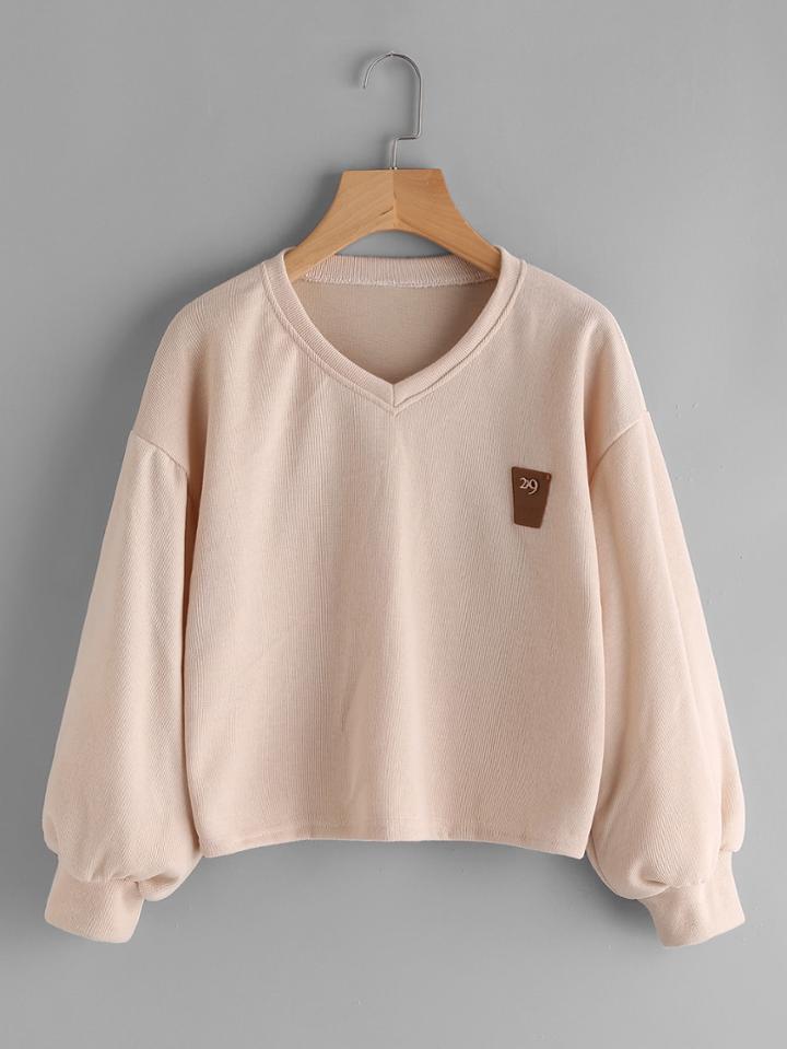 Romwe V Neckline Lantern Sleeve Patch Sweatshirt