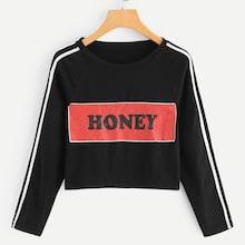 Romwe Tape Detail Letter Print Crop Tee