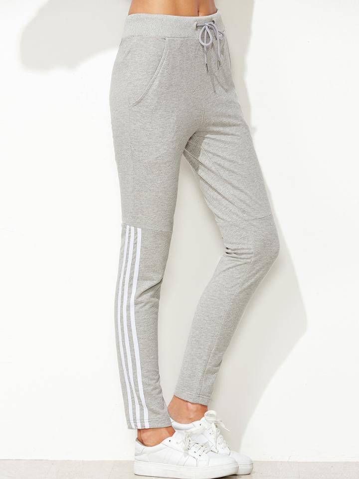 Romwe Pale Grey Striped Side Drawstring Waist Pants
