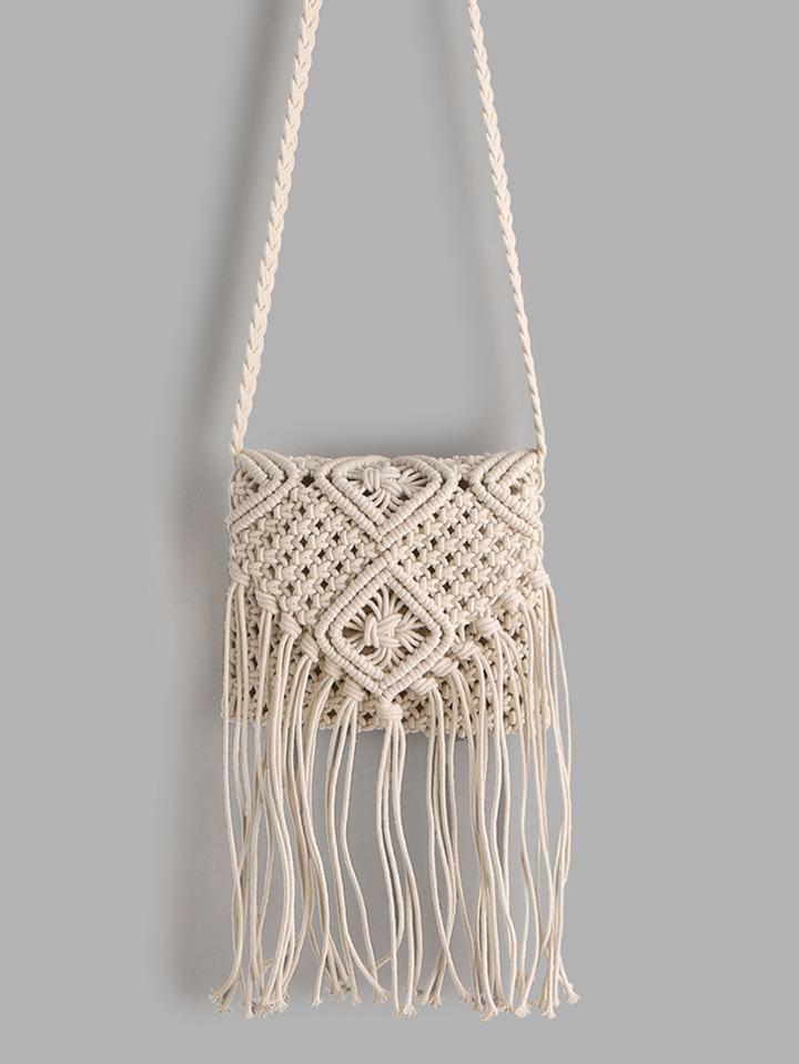 Romwe White Tassel Detail Straw Crossbody Bag