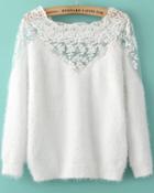 Romwe Contrast Hollow Lace Mohair White Sweater