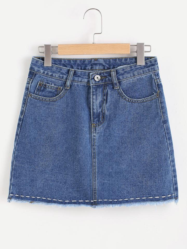 Romwe Fray Hem A Line Chambray Skirt