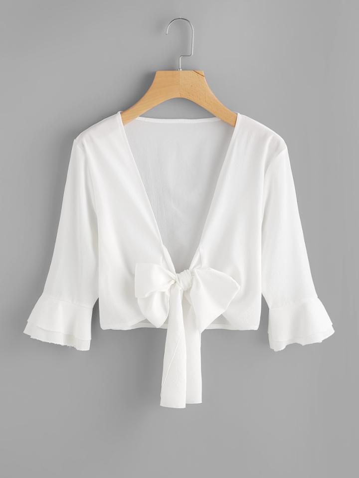 Romwe Tiered Sleeve Bow Tie Front Top
