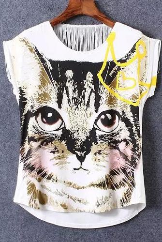Romwe White Short Sleeve Cat Print Blouse