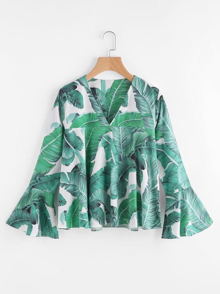 Romwe Palm Leaf Print Bell Sleeve Blouse