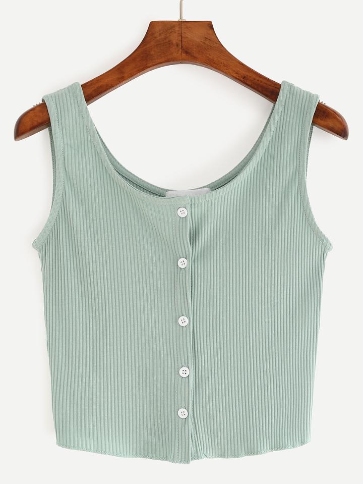 Romwe Buttoned Front Ribbed Knit Crop Tank Top - Green