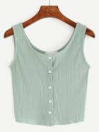 Romwe Buttoned Front Ribbed Knit Crop Tank Top - Green