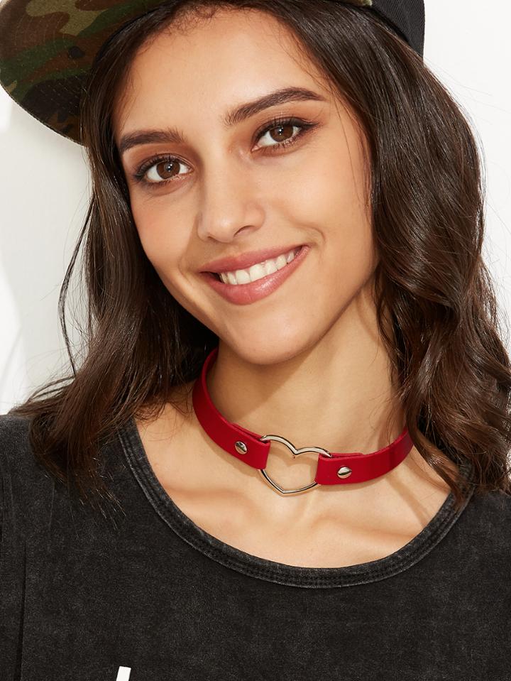 Romwe Red Wide Plain Pu Choker